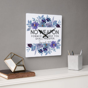 Relógio Quadrado Isaiah 54:17 Sem Arma Cristã Floral