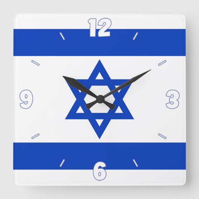 Relógio Quadrado Israel Flag Star of David Blue White Numbers (Frente)