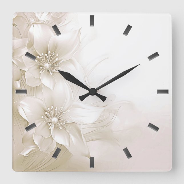 Relógio Quadrado Ivory White Flowers Wall Clock (Frente)