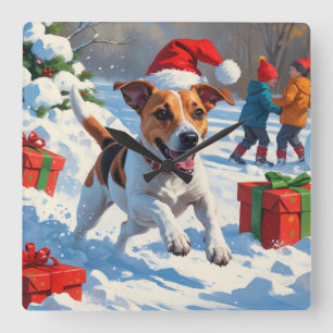 Relógio Quadrado Jack Russell Correndo na Neve com Chapéu de Natal