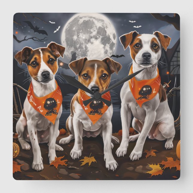 Relógio Quadrado Jack Russell Halloween Assustador (Frente)