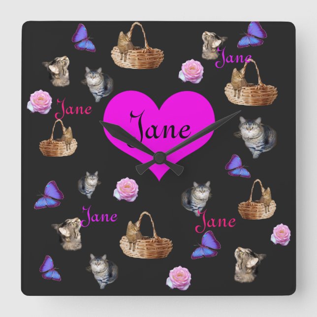 Relógio Quadrado Jane Name Com Gatos E Borboletas, (Frente)