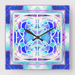 Relógio Quadrado Janela Catedral de Vidro Estreita em Azul e Verde