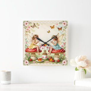 Relógio Quadrado Jantar de fadas florais vintage no jardim