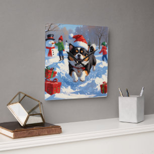 Relógio Quadrado Japanese Chin Correndo na Neve com Chapéu de Natal