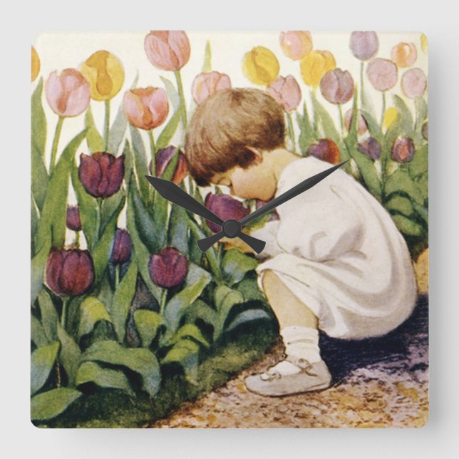 Relógio Quadrado Jardim da tulipa (Frente)