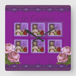 Relógio Quadrado Je T’aime Purple Rapariga Romântica Collage