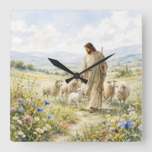 Relógio Quadrado Jesus Bom Pastor Aquarela de Flores Silvestres