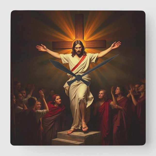 Relógio Quadrado Jesus Cristo é Risen Wall Clock (Frente)