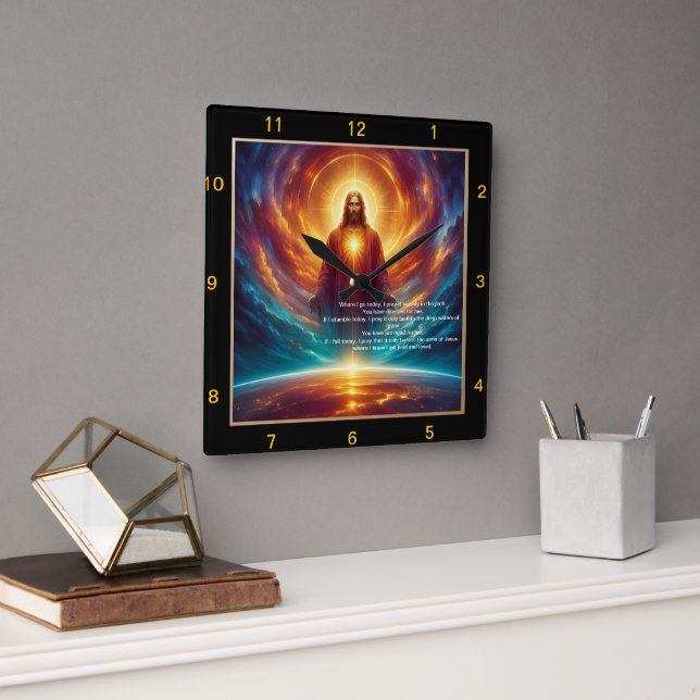 Relógio Quadrado Jesus de pé, luz celestial (Escritório)