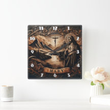 Jesus e Maria por um rio com montanhas em Dusk