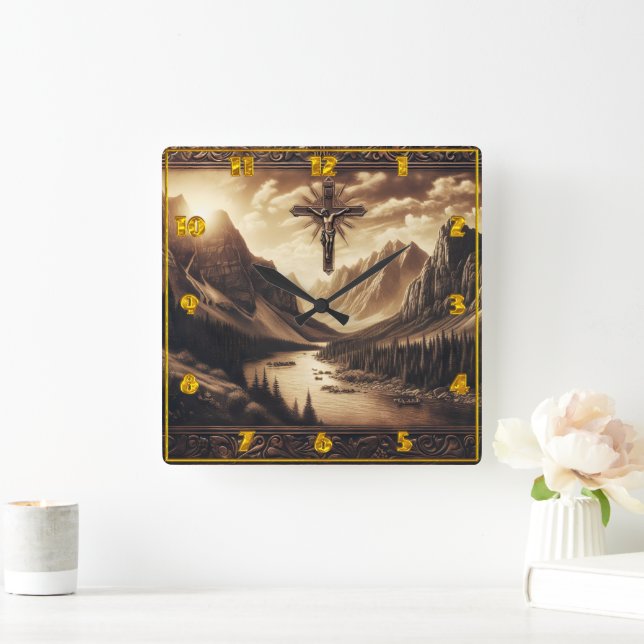 Relógio Quadrado Jesus na Cruz com o Modo de Montanha (Lar)