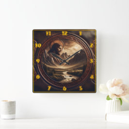 Relógio Quadrado Jesus na paisagem da montanha majestosa em Dusk