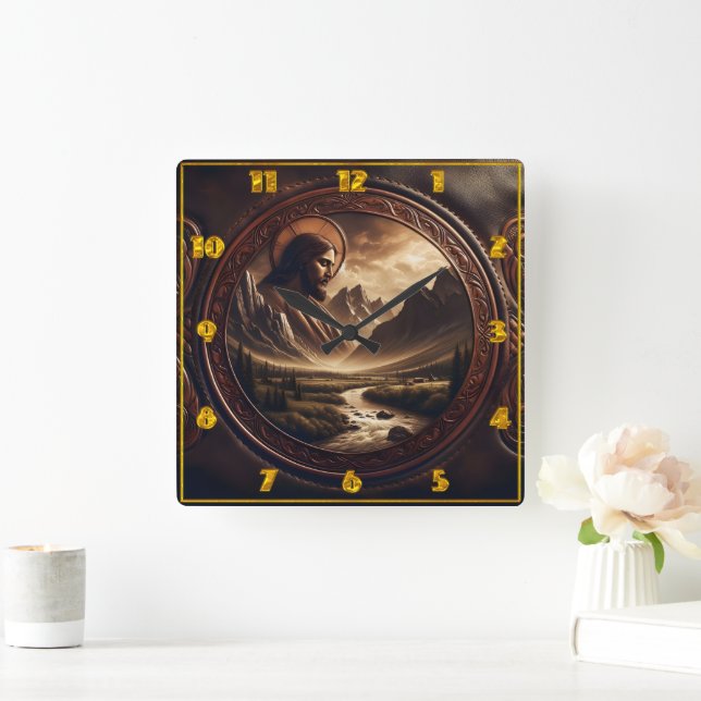 Relógio Quadrado Jesus na paisagem da montanha majestosa em Dusk (Lar)