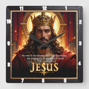 Relógio Quadrado Jesus Rei Coroa Soberano Majestade Vermelho