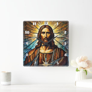 Relógio Quadrado Jesus Retrato com Ouro Aura em Vidro Estreito