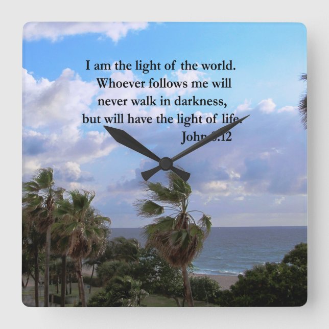 RELÓGIO QUADRADO JOHN 8:12 PALM TREE E OCEANO PHOTO DESIGN (Frente)