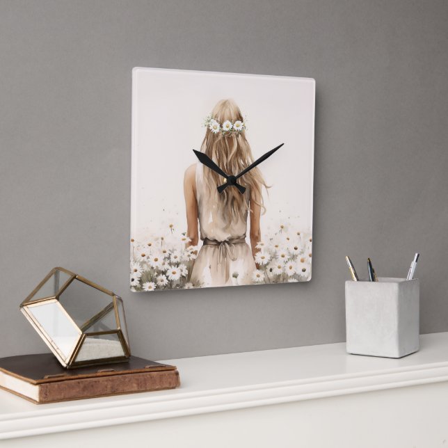 Relógio Quadrado Jovem Mulher Aquarela Em Daisy Field (Escritório)