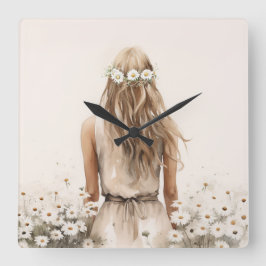 Relógio Quadrado Jovem Mulher Aquarela Em Daisy Field