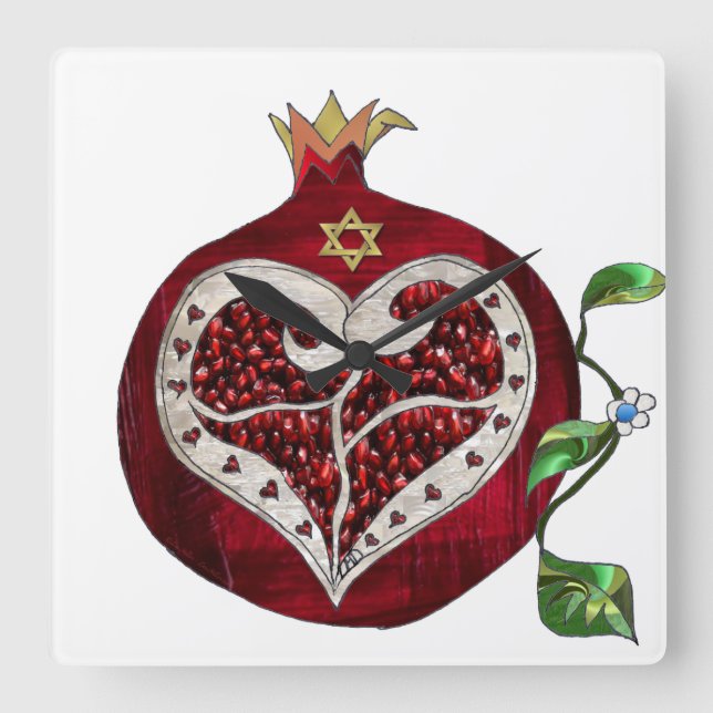 Relógio Quadrado Judaica Pomegranate Heart Hanukkah Rosh Hashanah (Frente)