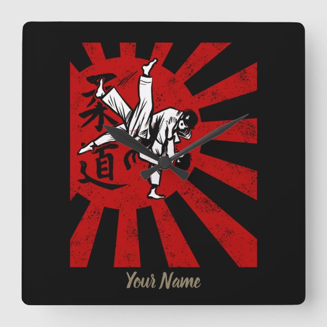Relógio Quadrado Judo Martial Arts com Ascensão japonesa antiga Sun (Frente)