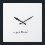 Relógio Quadrado Just breathe black elegant script yoga large clock<br><div class="desc">Modern yoga clock with a chic white background and an elegant hand lettered black script with the quote "just breathe".</div>
