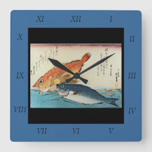 Relógio Quadrado Kasogo & Himedai - Peixe Japonês de Hiroshige