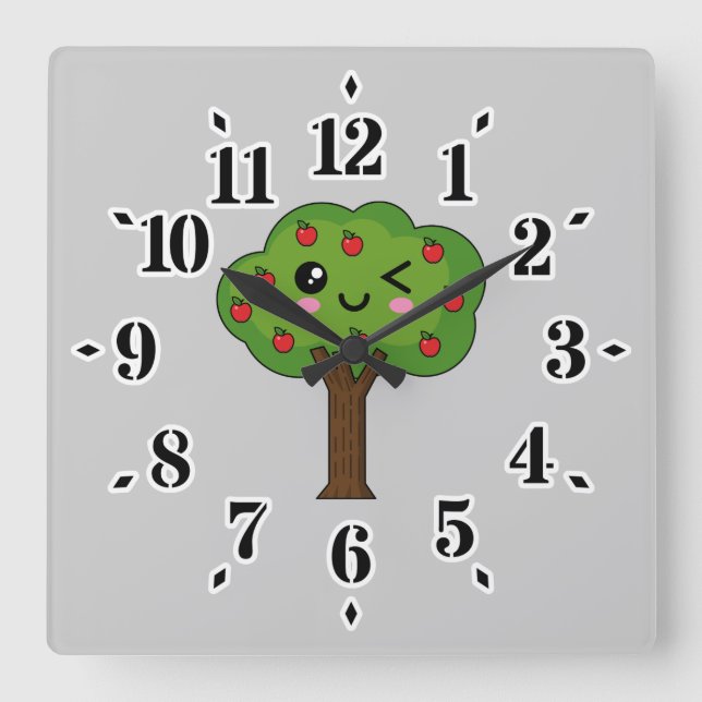 Relógio Quadrado Kawaii Happy Winking Apple Tree (Frente)
