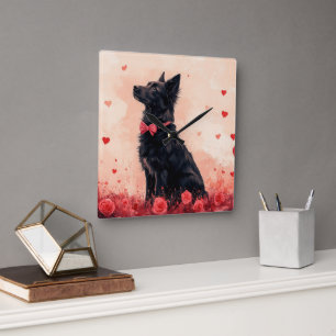 Relógio Quadrado Kelpie Australiano com Rosas - Dia dos Namorados