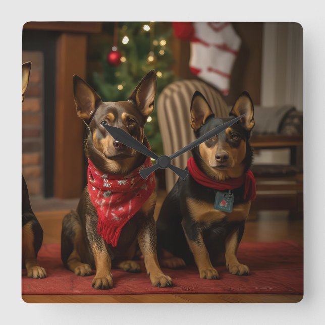 Relógio Quadrado Kelpie australiano no Natal da Lareira (Frente)