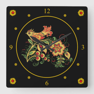 Relógio Quadrado Khokhloma ~ Arte Folar Russa ~Pássaro e Flor ~  