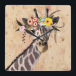 Relógio Quadrado Klimt Giraffe| Coroa De Flores<br><div class="desc">Esta impressão apresenta uma girafa doce adornada numa coroa de flores| Por Victoria Borges. ID da imagem: 128245GG</div>