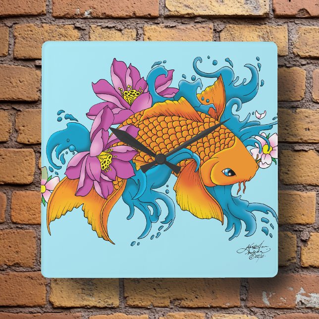 Relógio Quadrado Koi e Flores (Criador carregado)