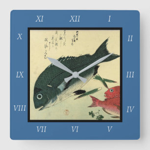 Relógio Quadrado Kurodai & Akadai - Impressão de Peixes Japoneses d