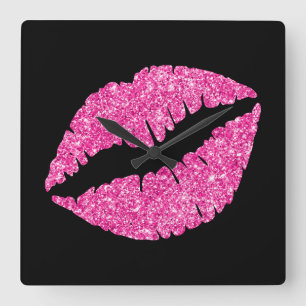 Relógio Quadrado Lábio Líper Rosa Quente de Luxo em Preto