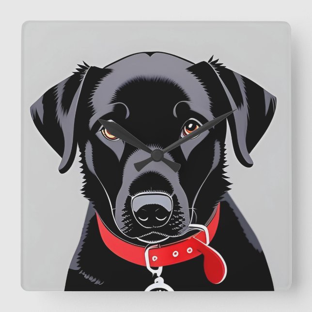 Relógio Quadrado Labrador preto com coleira vermelha (Frente)