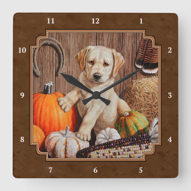 Relógio Quadrado Labrador Retriever Dog & Pumpkins Brown (Frente)