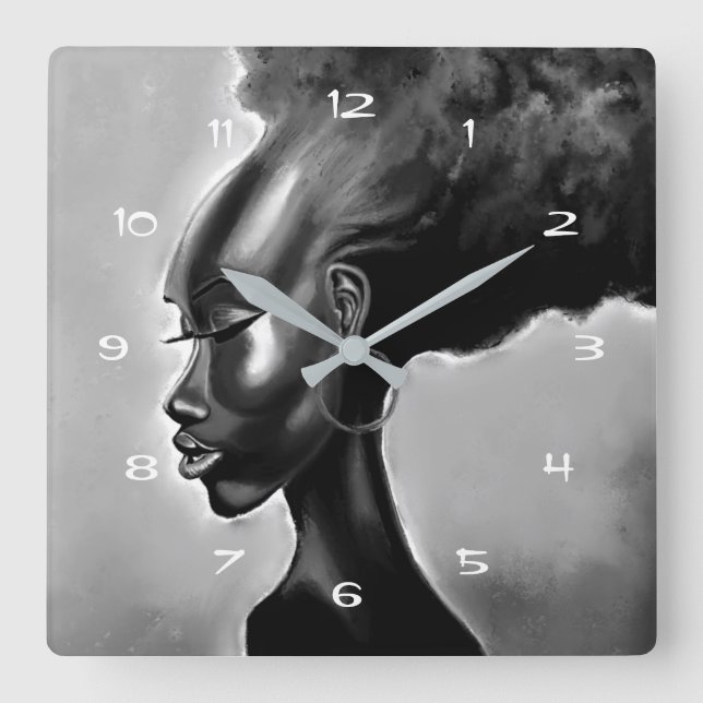 Relógio Quadrado Lady Shy - Bonito pintura de mulher africana - ele (Frente)