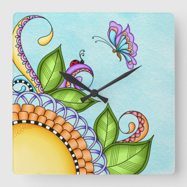 Relógio Quadrado Ladybug e Flor de Portas da Borboleta (Frente)