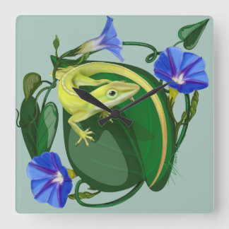 Relógio Quadrado Lagarto-verde-anole com Gloria da Manhã