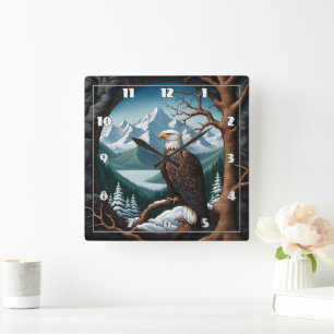 Relógio Quadrado Lago de Montanha Majestoso Bald Eagle Superlook