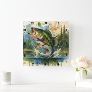 Relógio Quadrado Lago Lively Jumping Bass Ilustrado