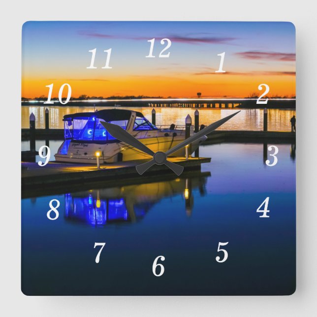 Relógio Quadrado Lago Ray Hubbard Rockwall TX Sunset Wall Clock (Frente)