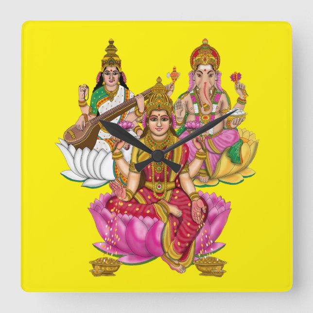 Relógio Quadrado Lakshmi Ganesha Wall Clock (Frente)