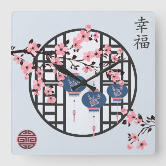 Relógio Quadrado Lanterna cor-de-rosa azul e flor de cereja design 