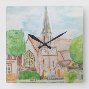 Relógio Quadrado Lápis de Cores de Água da Igreja Essex