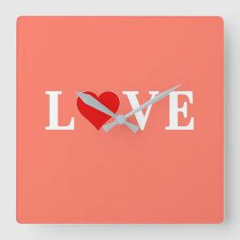 Relógio Quadrado Laranja AMOR e Coração Elegante Romântico