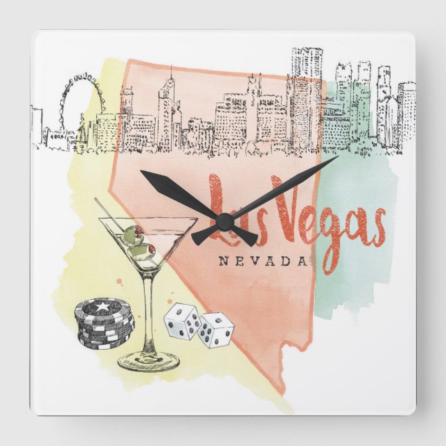 Relógio Quadrado Las Vegas, Nevada | Imagem de desenho de aquarela (Frente)