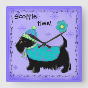 Relógio Quadrado Lavanda Personalizada Black Scottie Time Dog