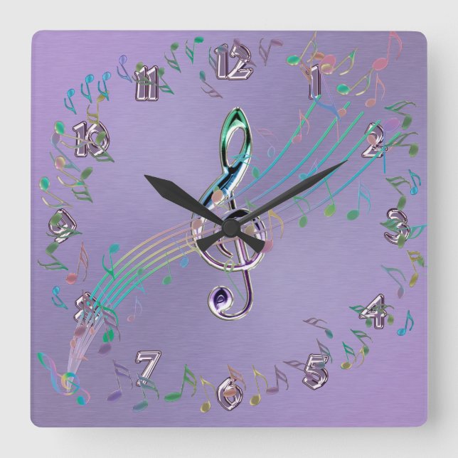 Relógio Quadrado Lavanda Rainbow Glass Music Notes and Clef Clock (Frente)